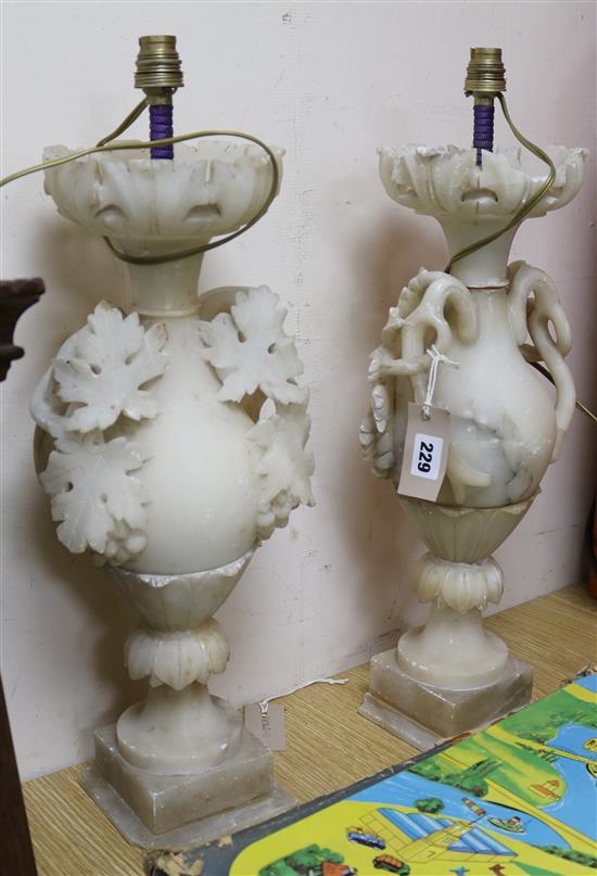 A pair of 19th century carved alabaster vases, fitted as table lamps and shades height excl. fittings 47.5cm